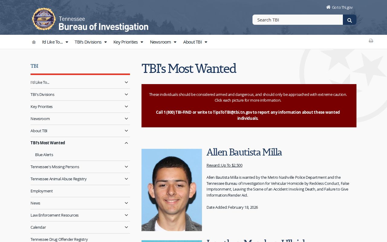 Hawkins County most wanted warrant records TBI program overview