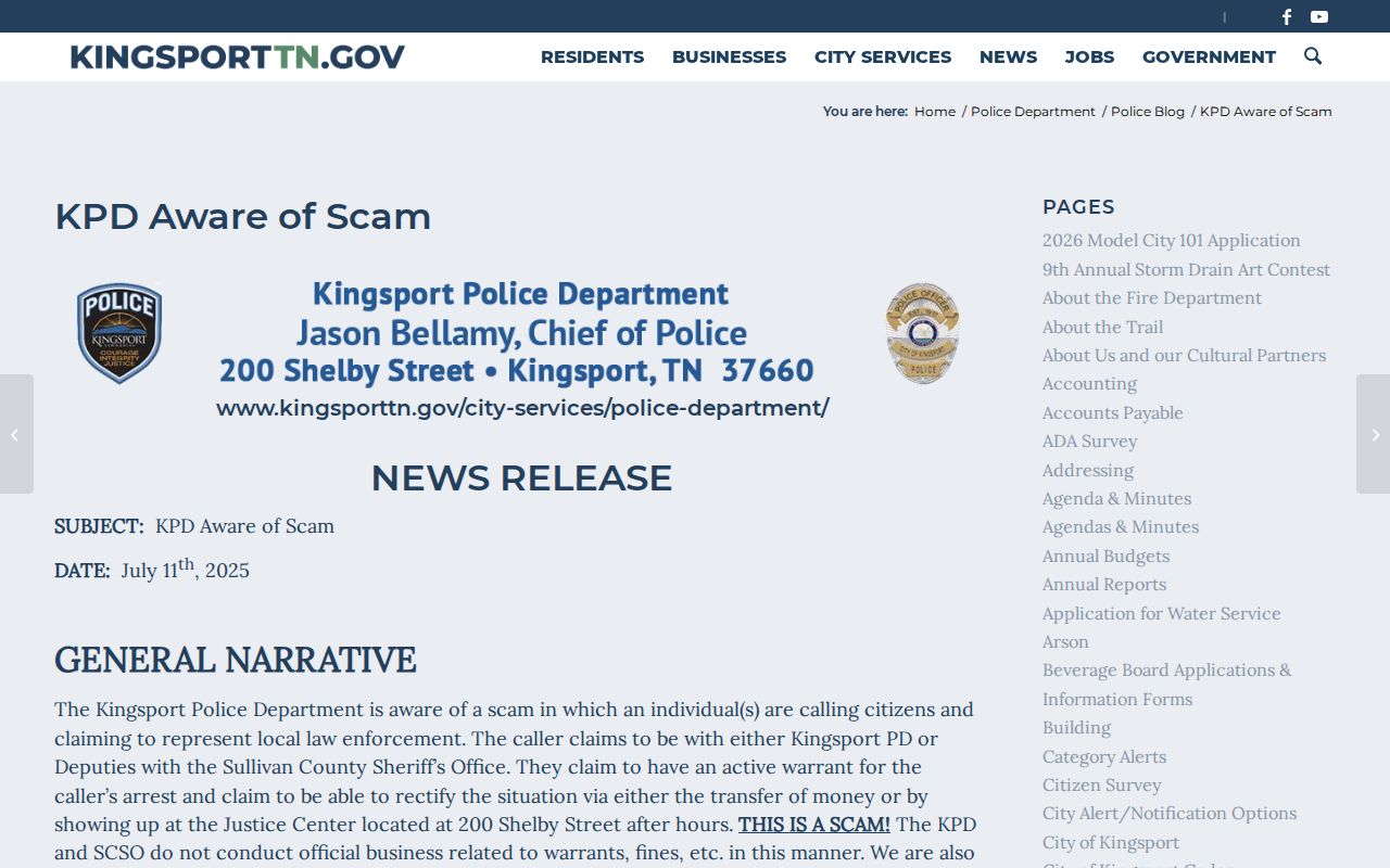 Kingsport warrant records official police warning about warrant-payment scams