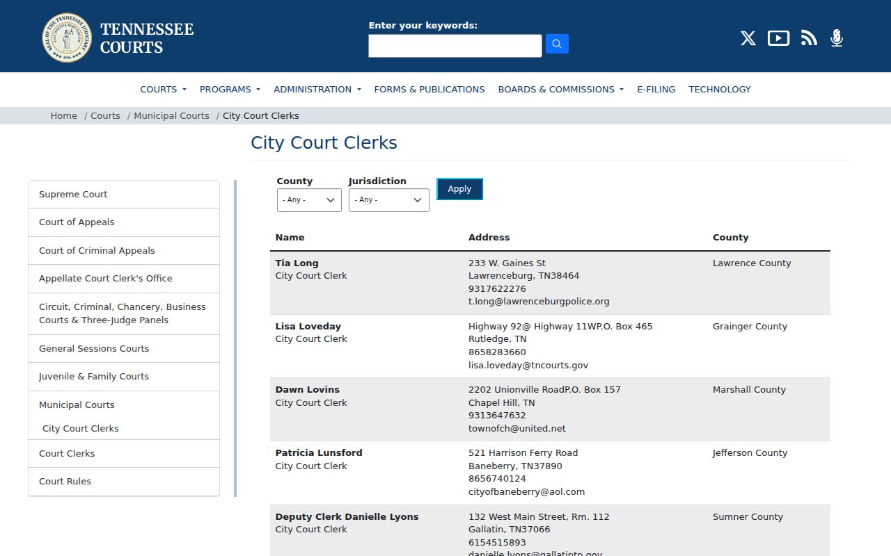 Hawkins County municipal warrant records Tennessee AOC city court clerk directory